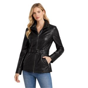 Kenneth Cole Faux Leather Jacket Women Size M Black Belted Zip